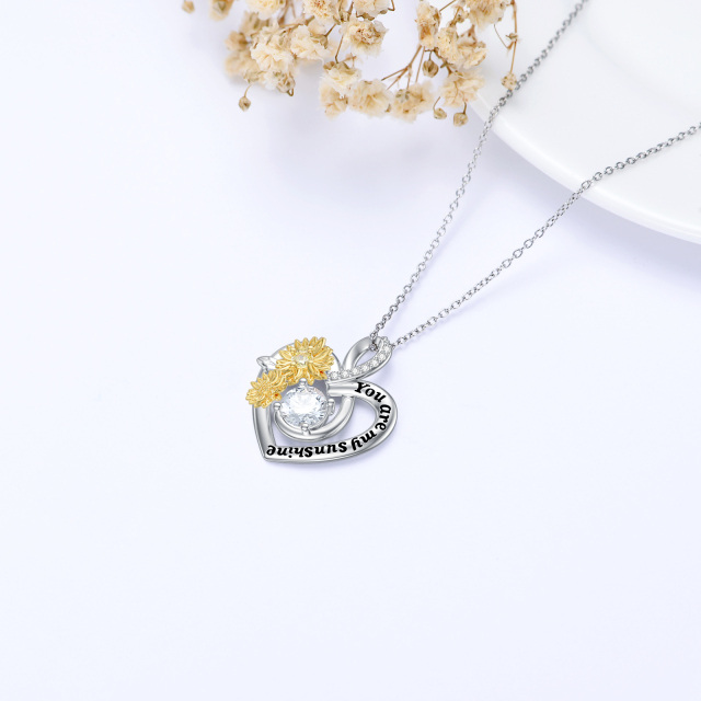 Sterling Silver Two-tone Circular Shaped Moissanite Sunflower & Heart Pendant Necklace with Engraved Word-3
