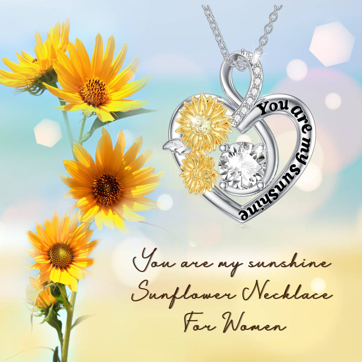Sterling Silver Two-tone Circular Shaped Moissanite Sunflower & Heart Pendant Necklace with Engraved Word-6