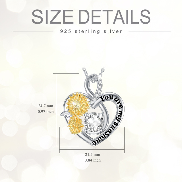 Sterling Silver Two-tone Circular Shaped Moissanite Sunflower & Heart Pendant Necklace with Engraved Word-4