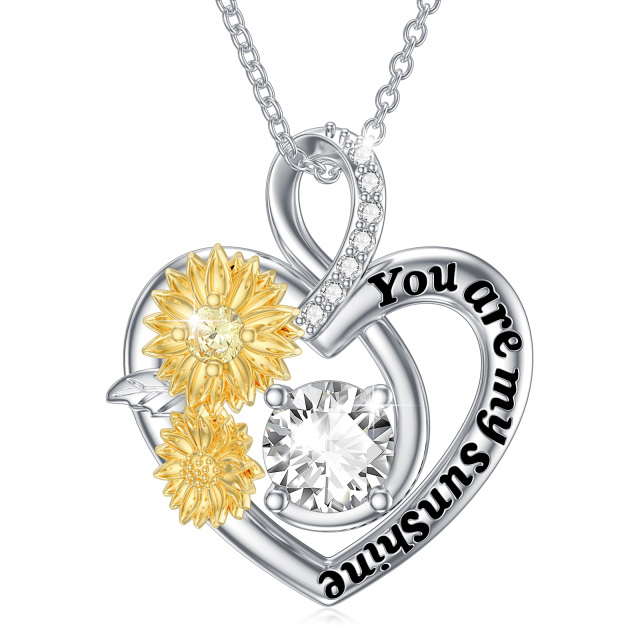 Sterling Silver Two-tone Circular Shaped Moissanite Sunflower & Heart Pendant Necklace with Engraved Word-0