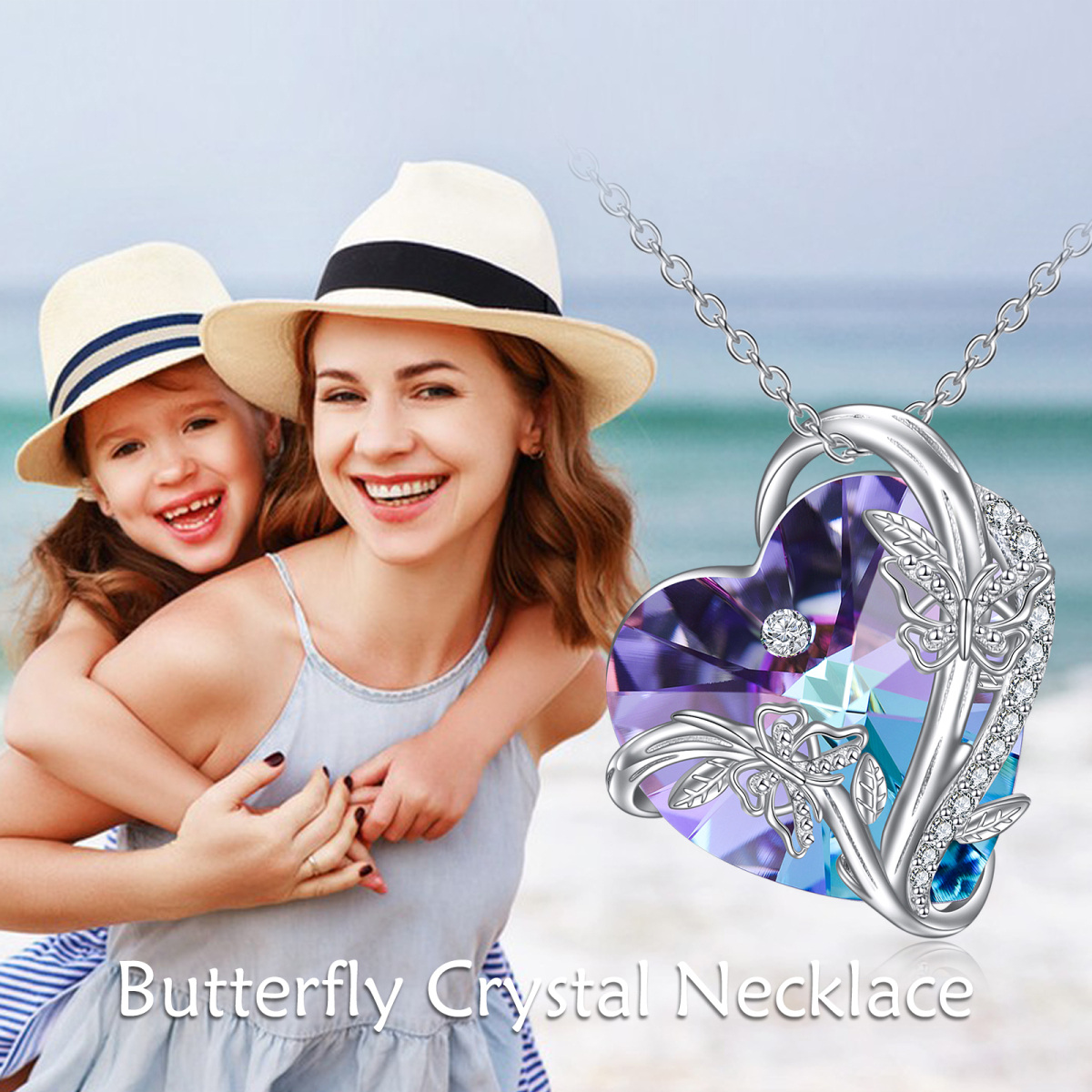 Sterling Silver Heart Butterfly & Heart Crystal Pendant Necklace-6