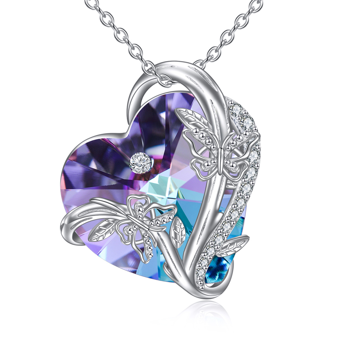 Sterling Silver Heart Butterfly & Heart Crystal Pendant Necklace-1