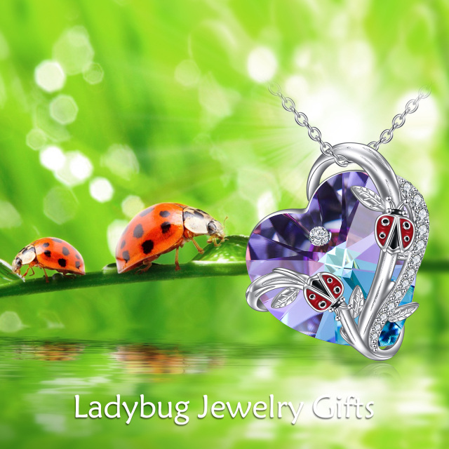 Sterling Silver Circular Shaped & Heart Shaped Ladybug & Heart Crystal Pendant Necklace-3
