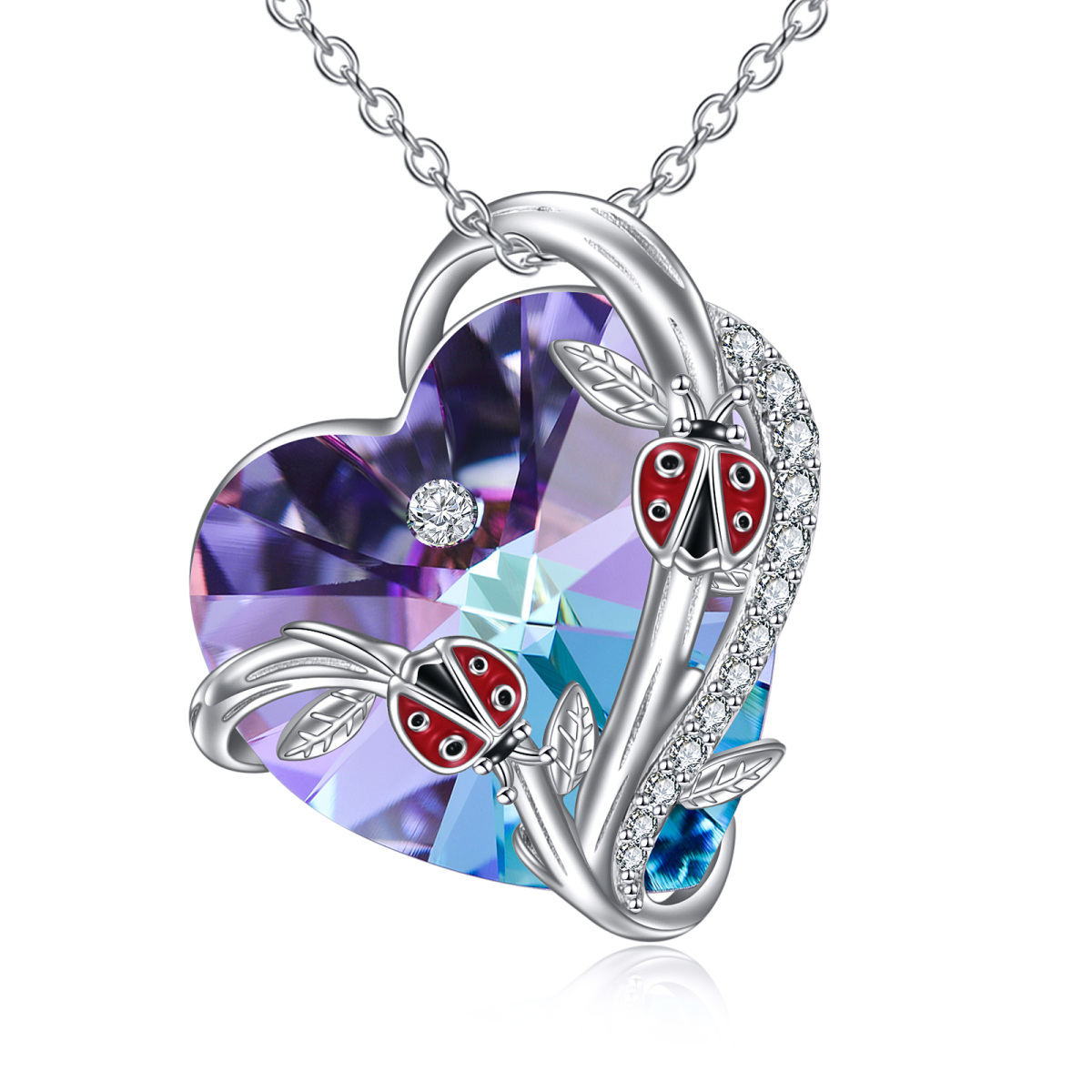 Sterling Silver Circular Shaped & Heart Shaped Ladybug & Heart Crystal Pendant Necklace-1