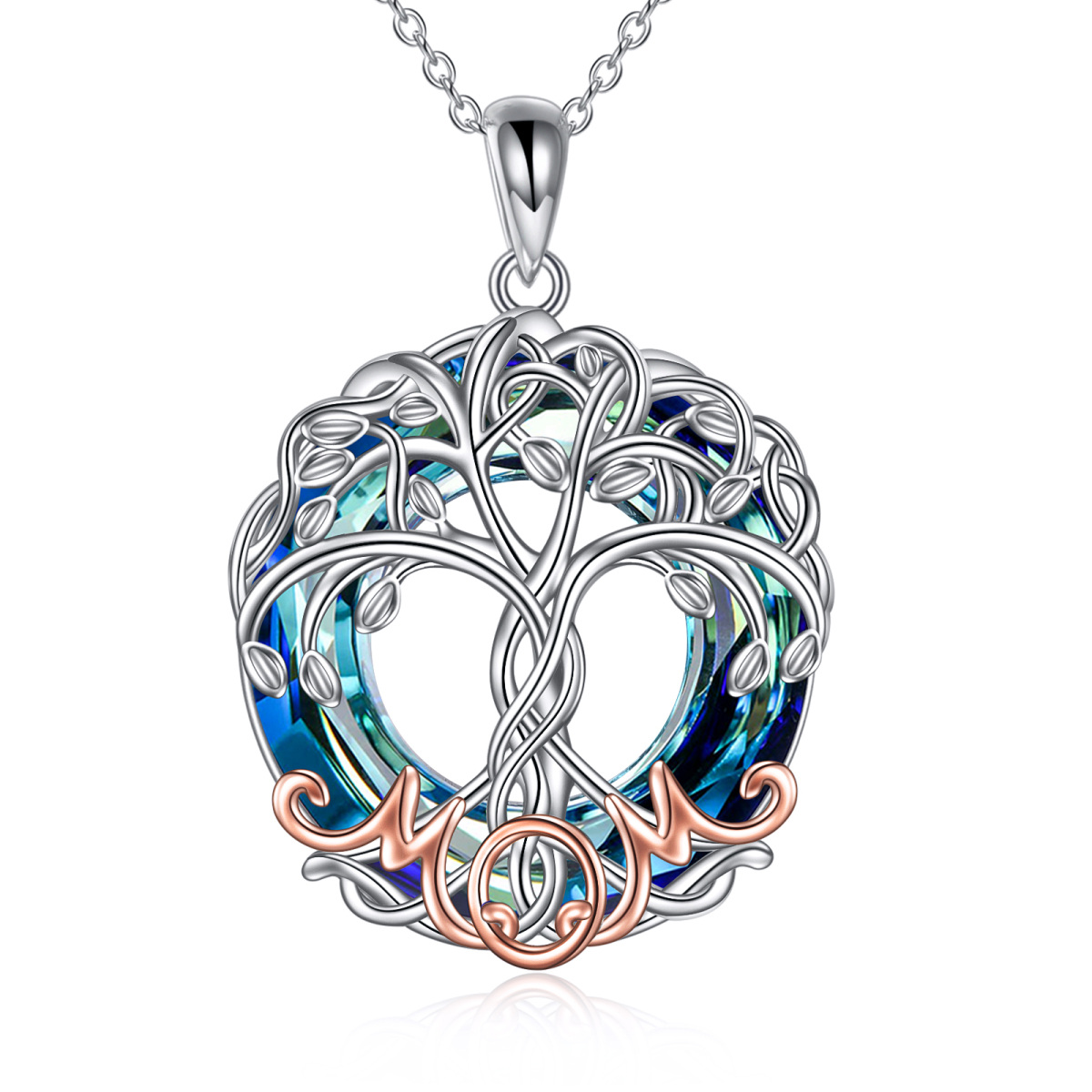 Sterling Silver Round Tree Of Life Crystal Pendant Necklace-1