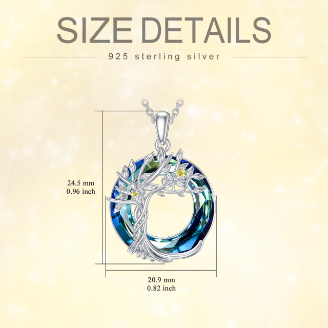 Sterling Silver Circular Shaped Crystal & Cubic Zirconia Tree Of Life Pendant Necklace-5