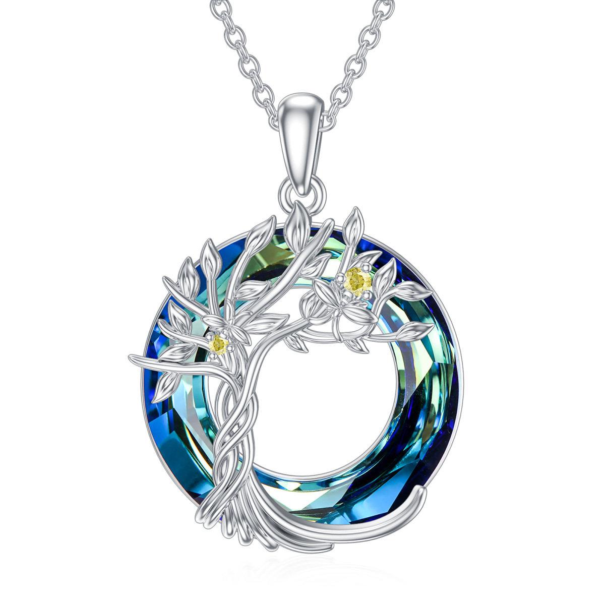 Sterling Silver Circular Shaped Crystal & Cubic Zirconia Tree Of Life Pendant Necklace-1