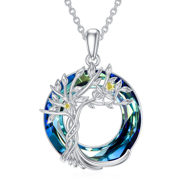 Sterling Silver Circular Shaped Crystal & Cubic Zirconia Tree Of Life Pendant Necklace-0