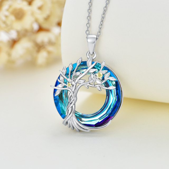 Sterling Silver Circular Shaped Crystal & Cubic Zirconia Tree Of Life Pendant Necklace-3