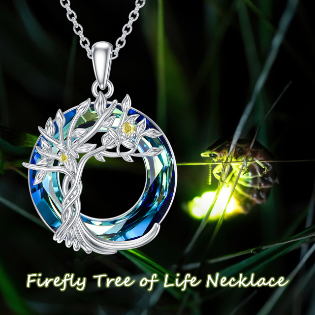 Sterling Silver Circular Shaped Crystal & Cubic Zirconia Tree Of Life Pendant Necklace-5