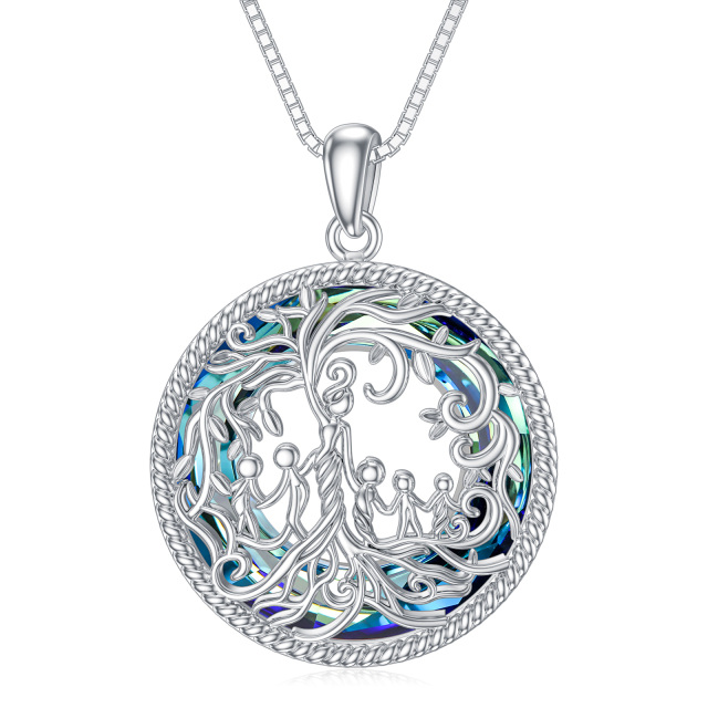 Sterling Silver Round Tree Of Life Crystal Pendant Necklace-0