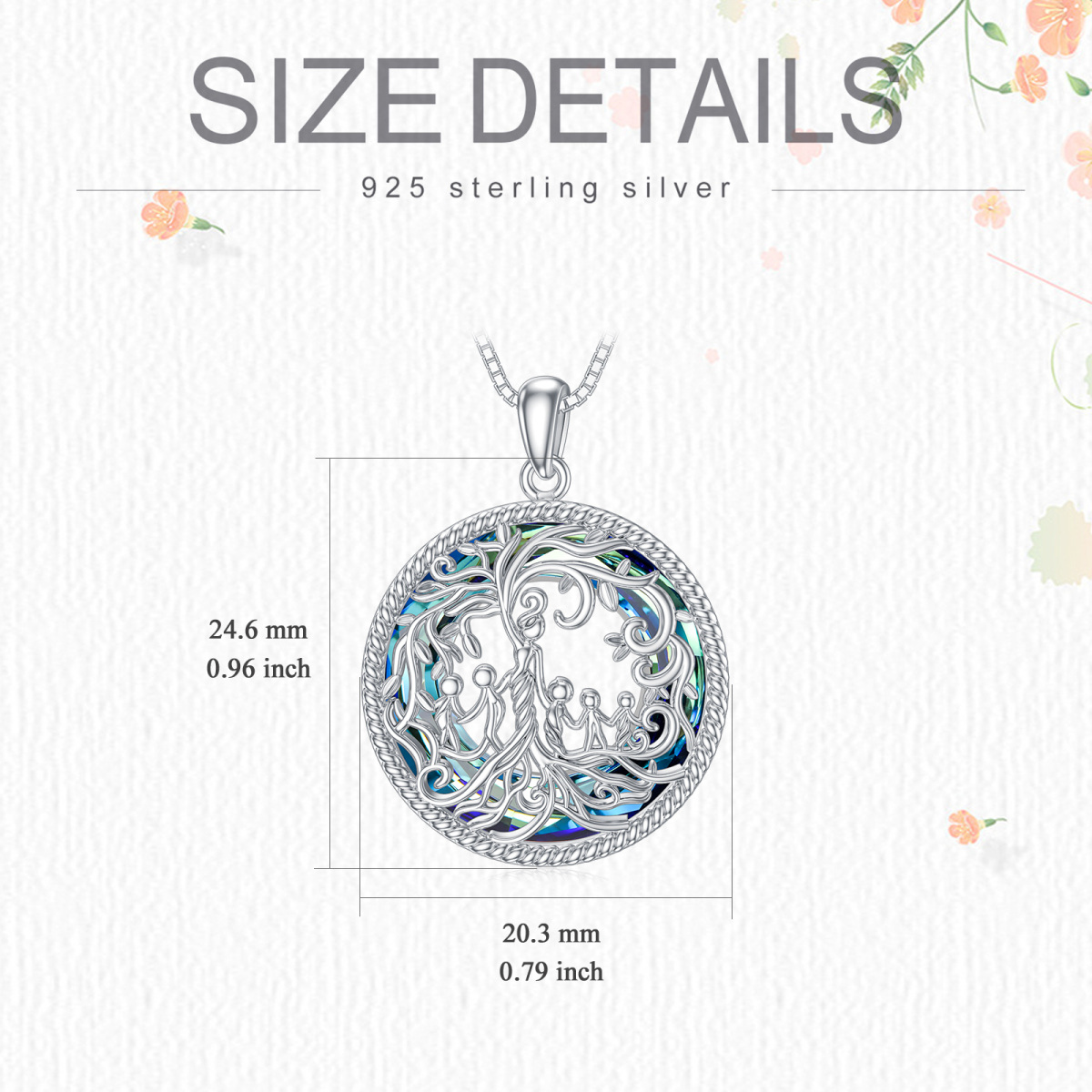 Sterling Silver Round Tree Of Life Crystal Pendant Necklace-4