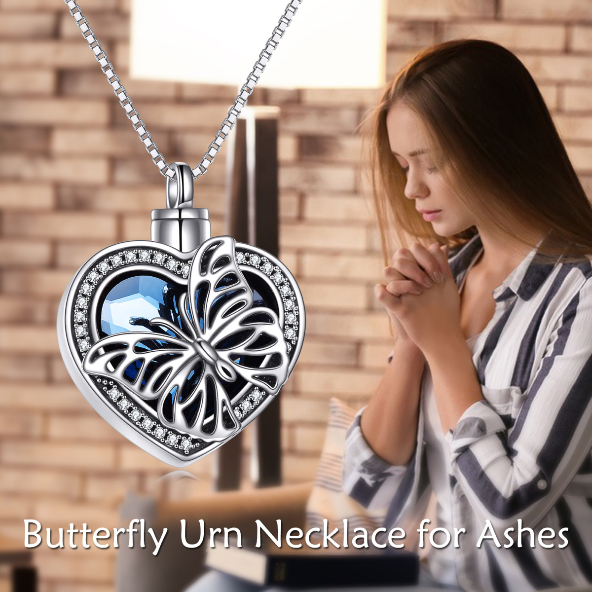 Sterling Silver Heart Shaped Crystal Butterfly & Heart Urn Necklace for Ashes-6