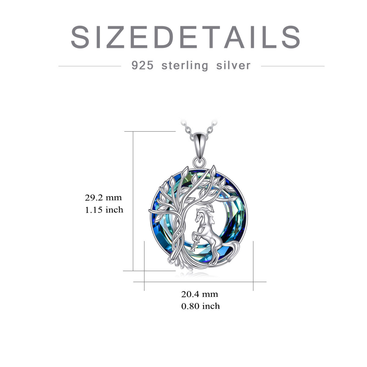 Sterling Silver Round Horse & Tree Of Life Crystal Pendant Necklace-5