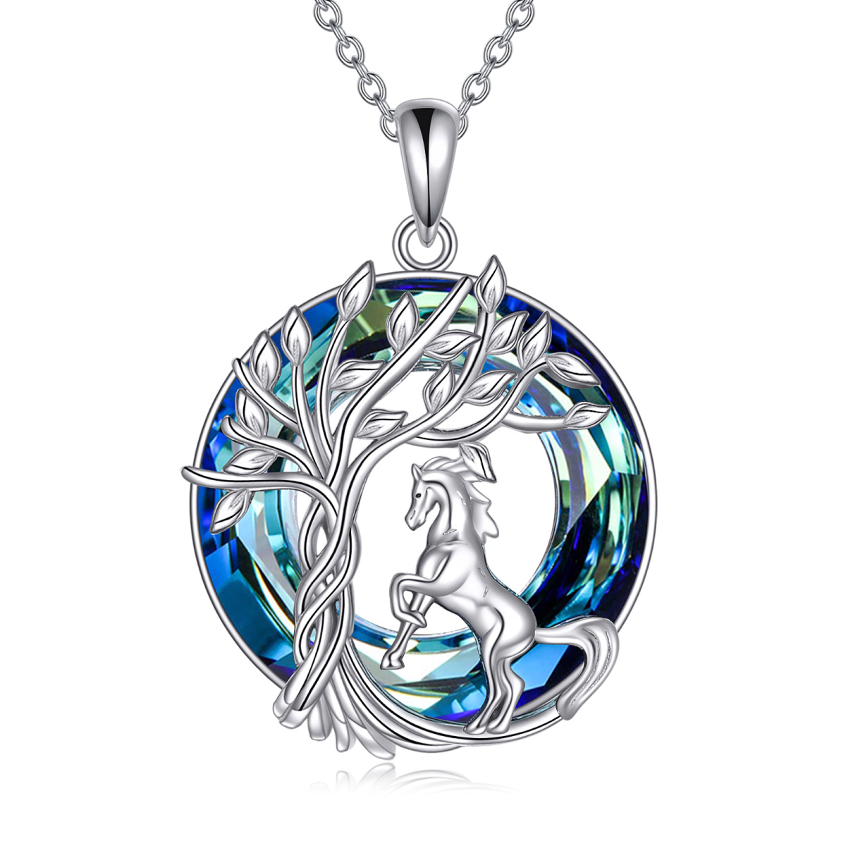 Sterling Silver Round Horse & Tree Of Life Crystal Pendant Necklace-1