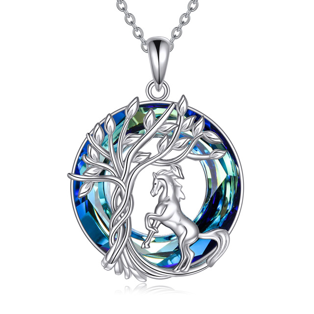 Sterling Silver Round Horse & Tree Of Life Crystal Pendant Necklace-0
