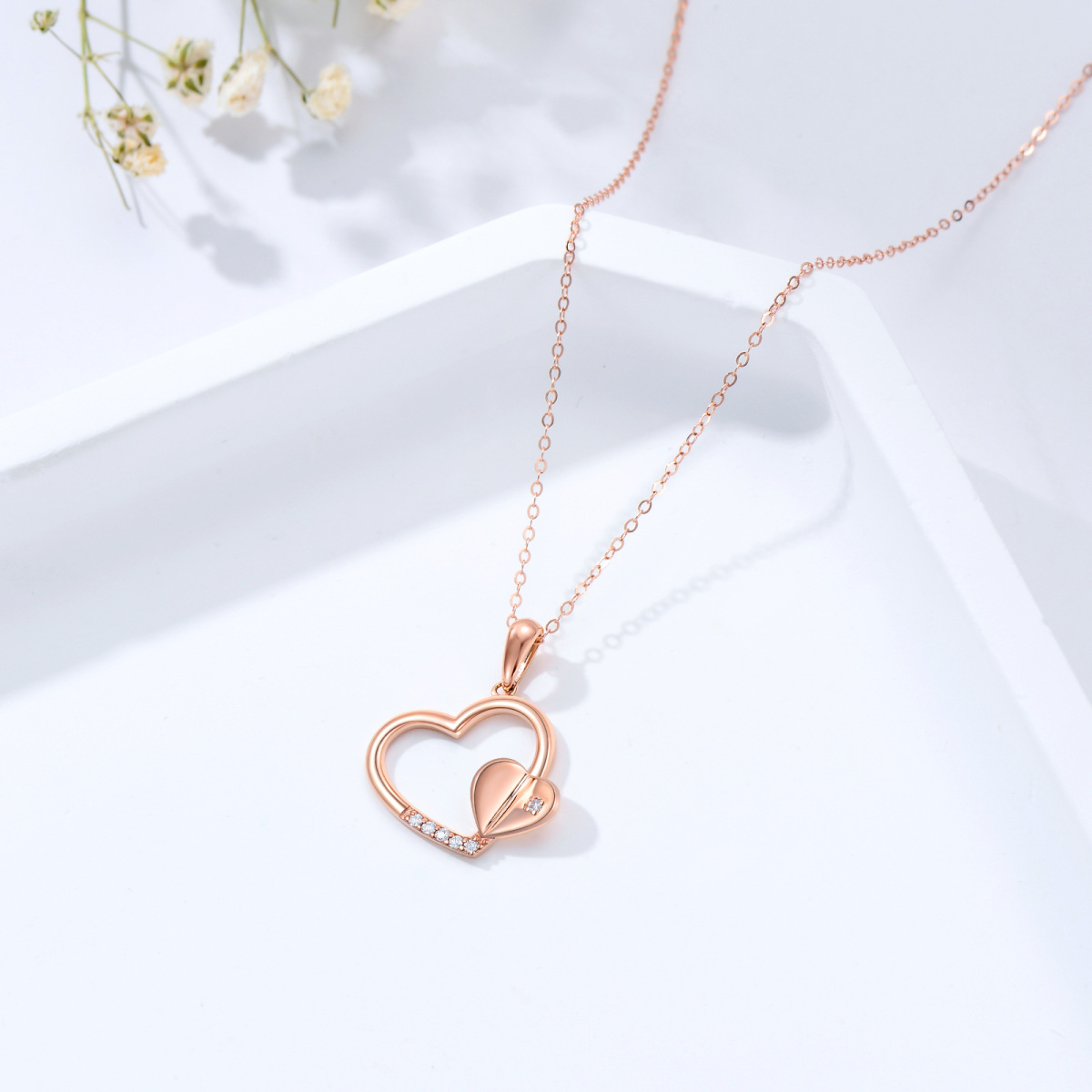 14K Rose Gold Moissanite Heart With Heart Pendant Necklace-5