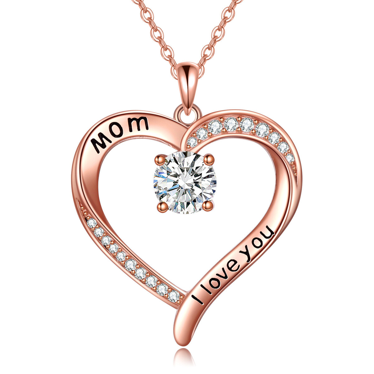 Sterling Silver with Rose Gold Plated Moissanite Heart Pendant Necklace with Engraved Word-1