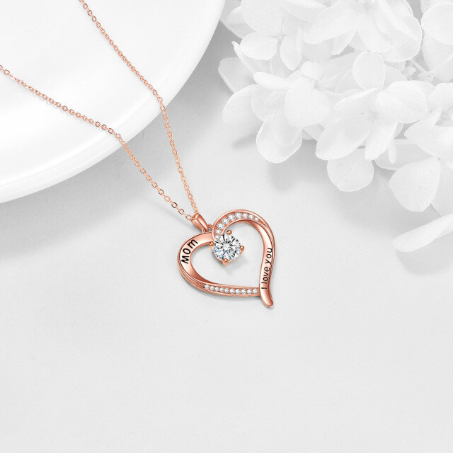 Sterling Silver with Rose Gold Plated Moissanite Heart Pendant Necklace with Engraved Word-3
