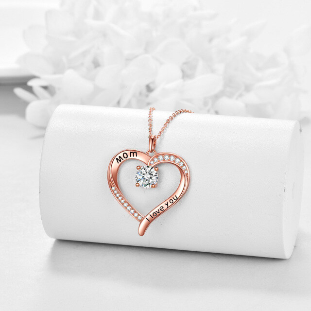 Sterling Silver with Rose Gold Plated Moissanite Heart Pendant Necklace with Engraved Word-2