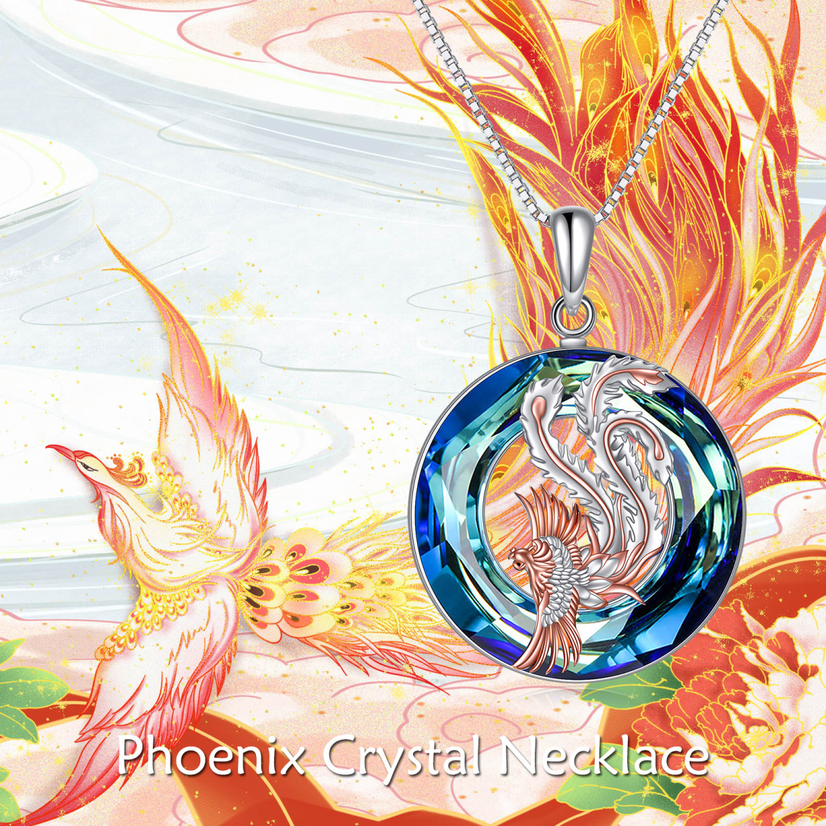 Sterling Silver Two-tone Round Crystal Phoenix Pendant Necklace-6