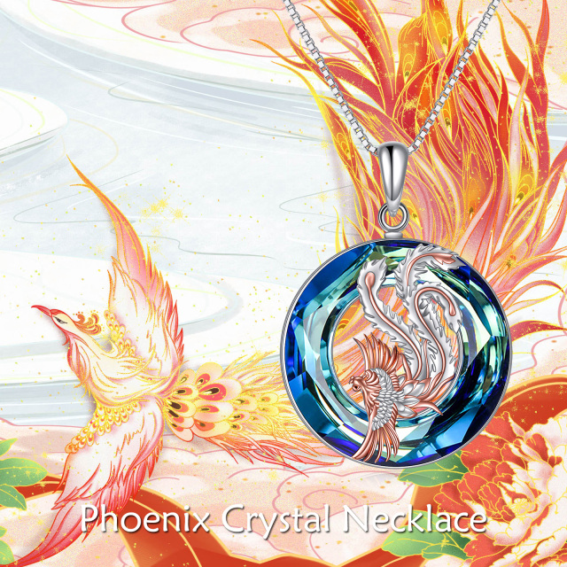 Sterling Silver Two-tone Round Crystal Phoenix Pendant Necklace-5