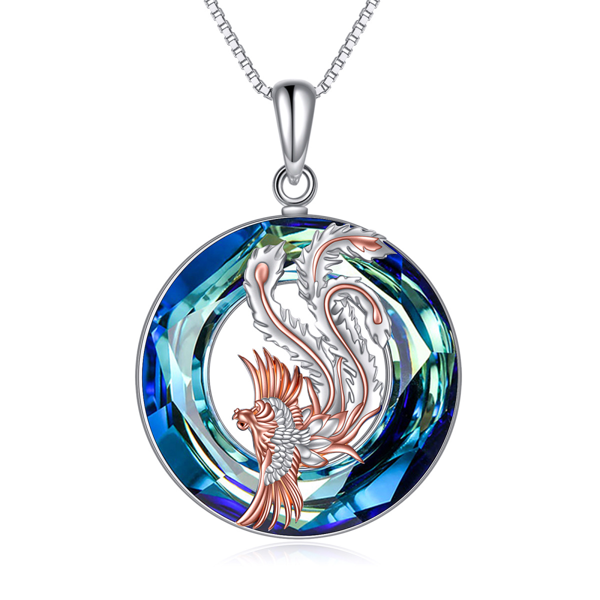 Sterling Silver Two-tone Round Crystal Phoenix Pendant Necklace-1