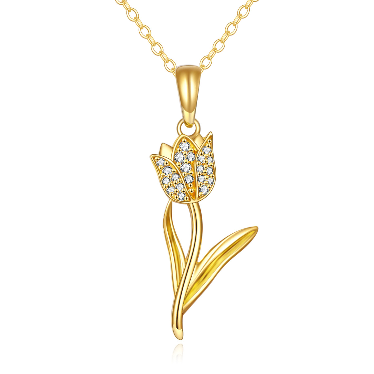 14K Gold Circular Shaped Cubic Zirconia Tulip Pendant Necklace-1