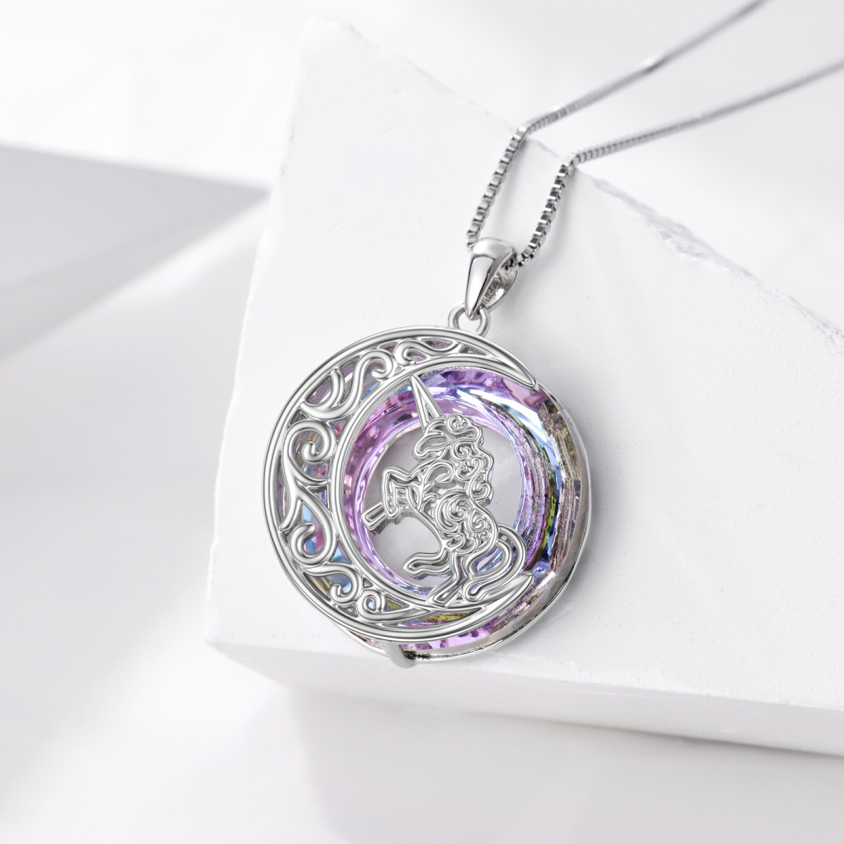 Sterling Silver Circular Shaped Moon & Unicorn Crystal Pendant Necklace-3