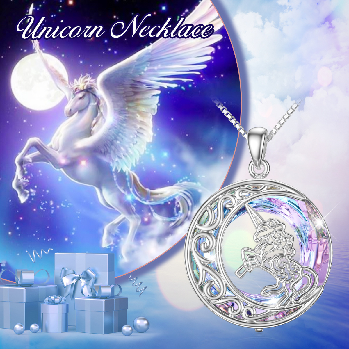 Sterling Silver Circular Shaped Moon & Unicorn Crystal Pendant Necklace-5