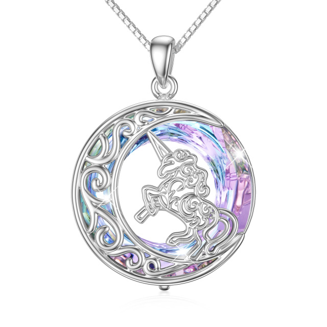 Sterling Silver Circular Shaped Moon & Unicorn Crystal Pendant Necklace-3