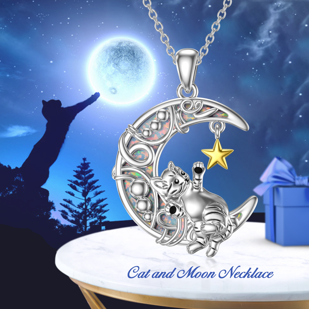Sterling Silver Cat & Moon & Star Pendant Necklace-6