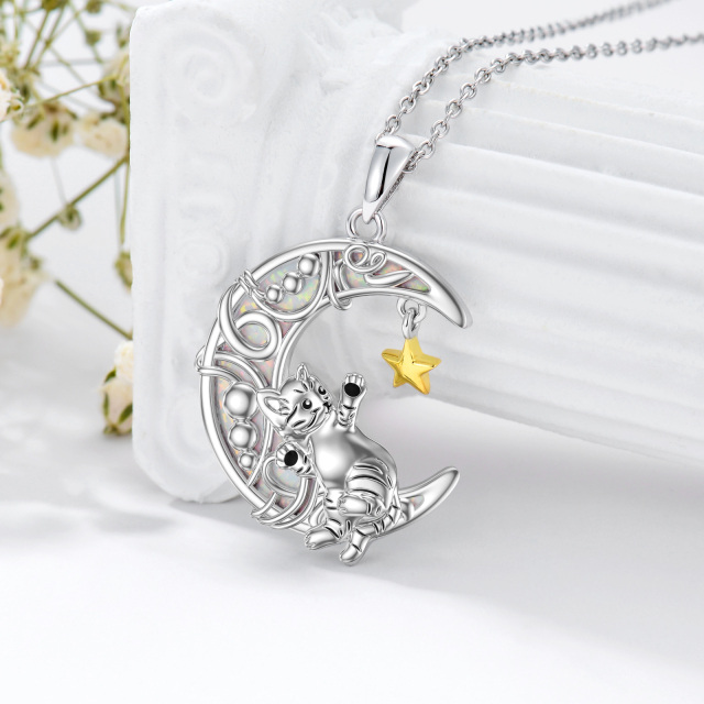 Sterling Silver Cat & Moon & Star Pendant Necklace-4