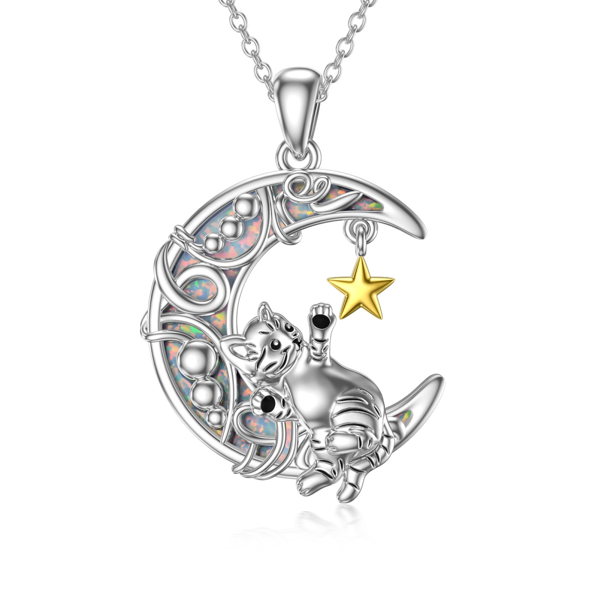 Sterling Silver Cat & Moon & Star Pendant Necklace-1