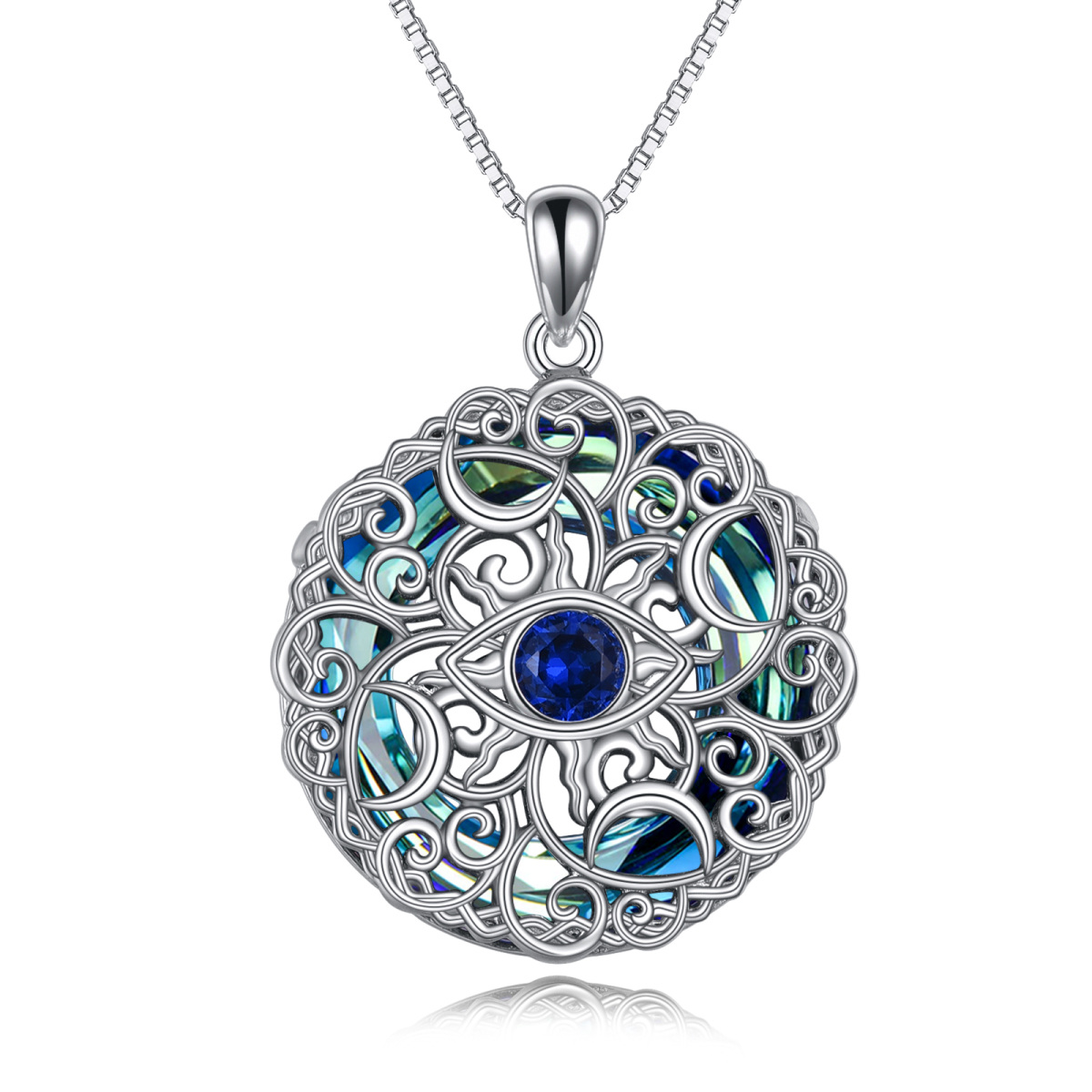 Sterling Silver Evil Eye Celtic Knot Moon Goddess Crystal Pendant Necklace-1