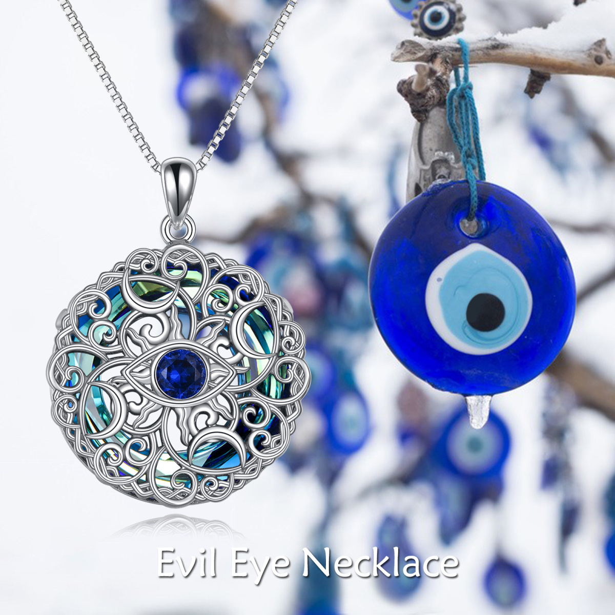 Sterling Silver Evil Eye Celtic Knot Moon Goddess Crystal Pendant Necklace-6