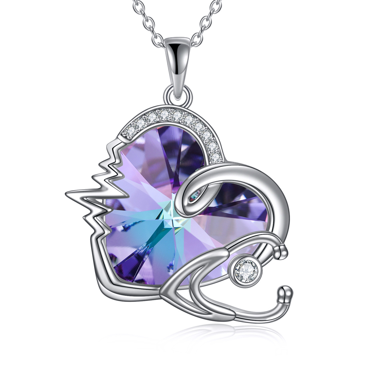 Sterling Silver Heart & Stethoscope Purple Crystal Pendant Necklace-1