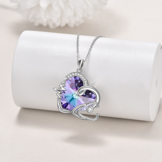 Sterling Silver Heart & Stethoscope Purple Crystal Pendant Necklace-2