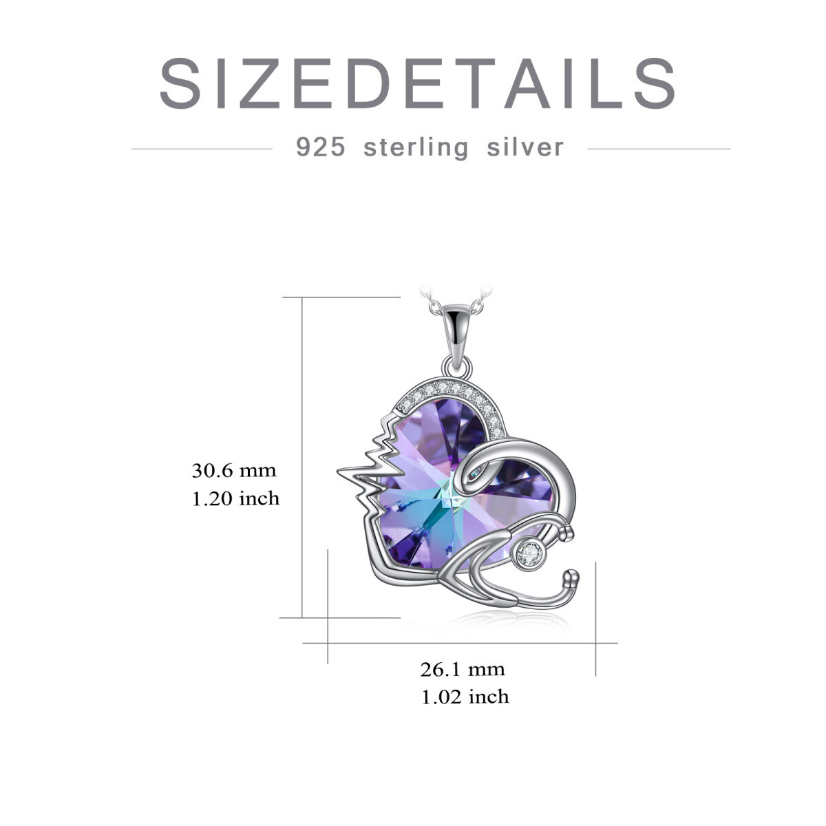 Sterling Silver Heart & Stethoscope Purple Crystal Pendant Necklace-5