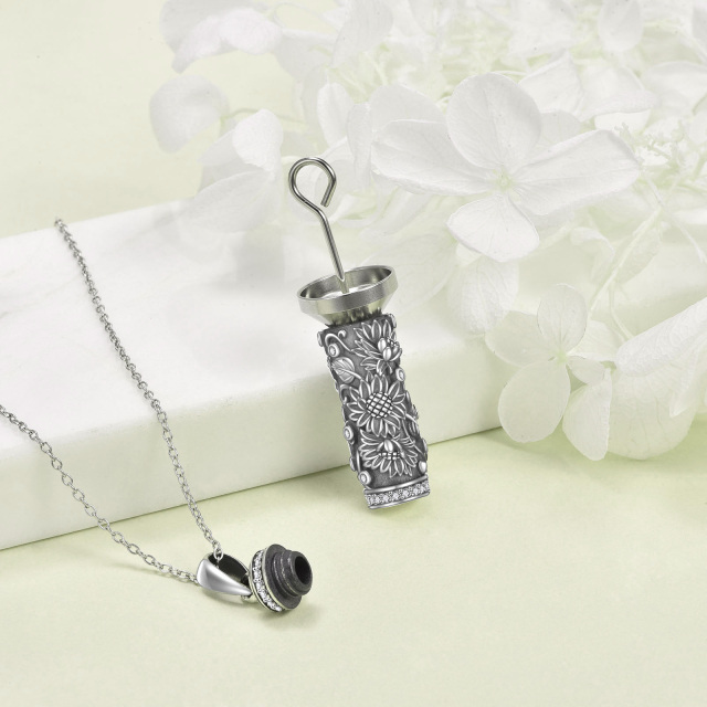 Sterling Silver Oxidized Round Zircon Sunflower Urn Necklace for Ashes-1