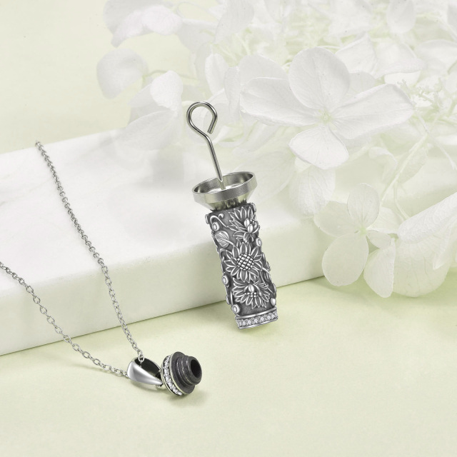 Sterling Silber oxidiert Runde Zirkon Sonnenblume Urne Halskette für Asche-1