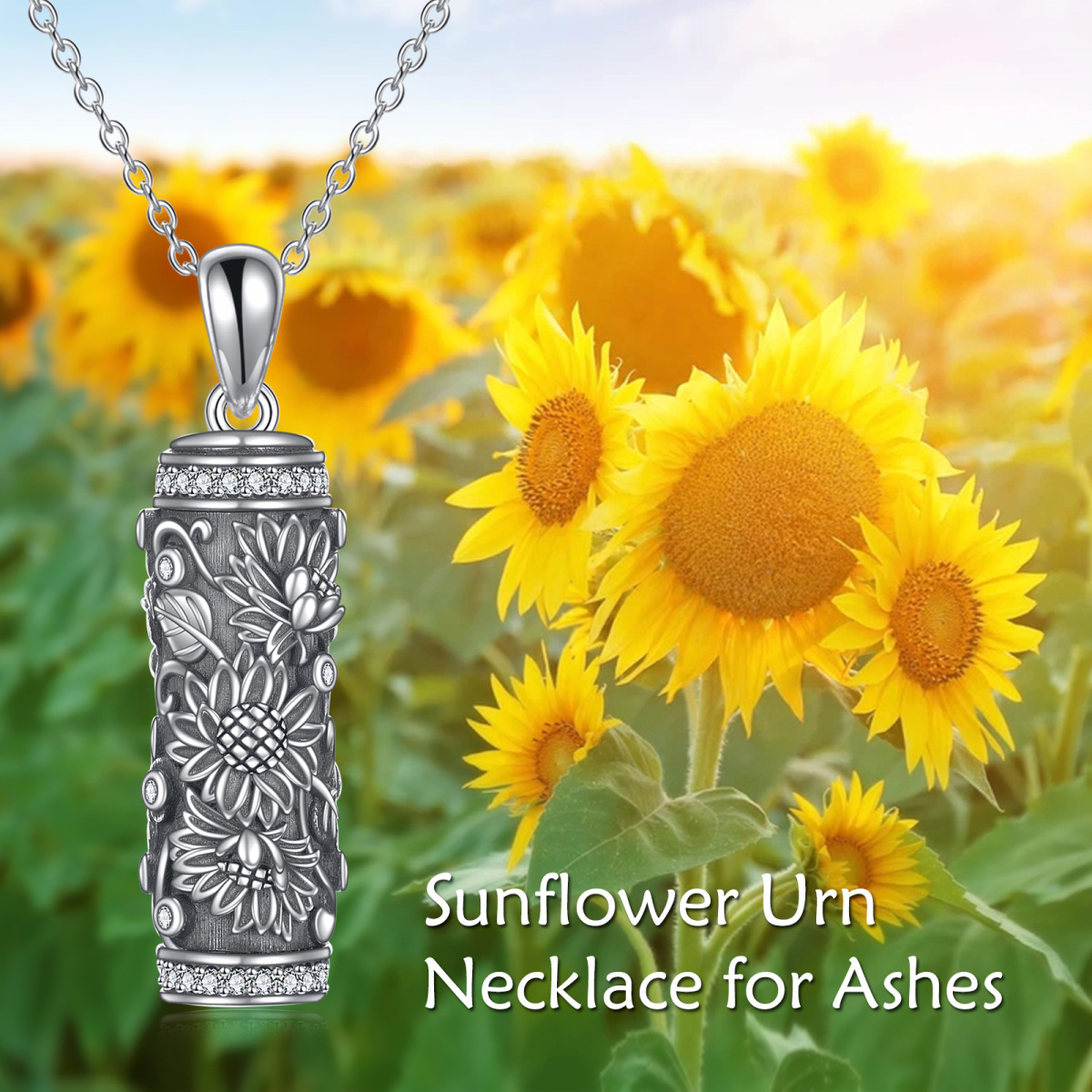 Sterling Silver Oxidized Round Zircon Sunflower Urn Necklace for Ashes-6