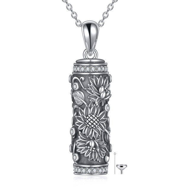 Collier Urne pour cendres en argent sterling oxydé avec zircon rond et tournesol-0