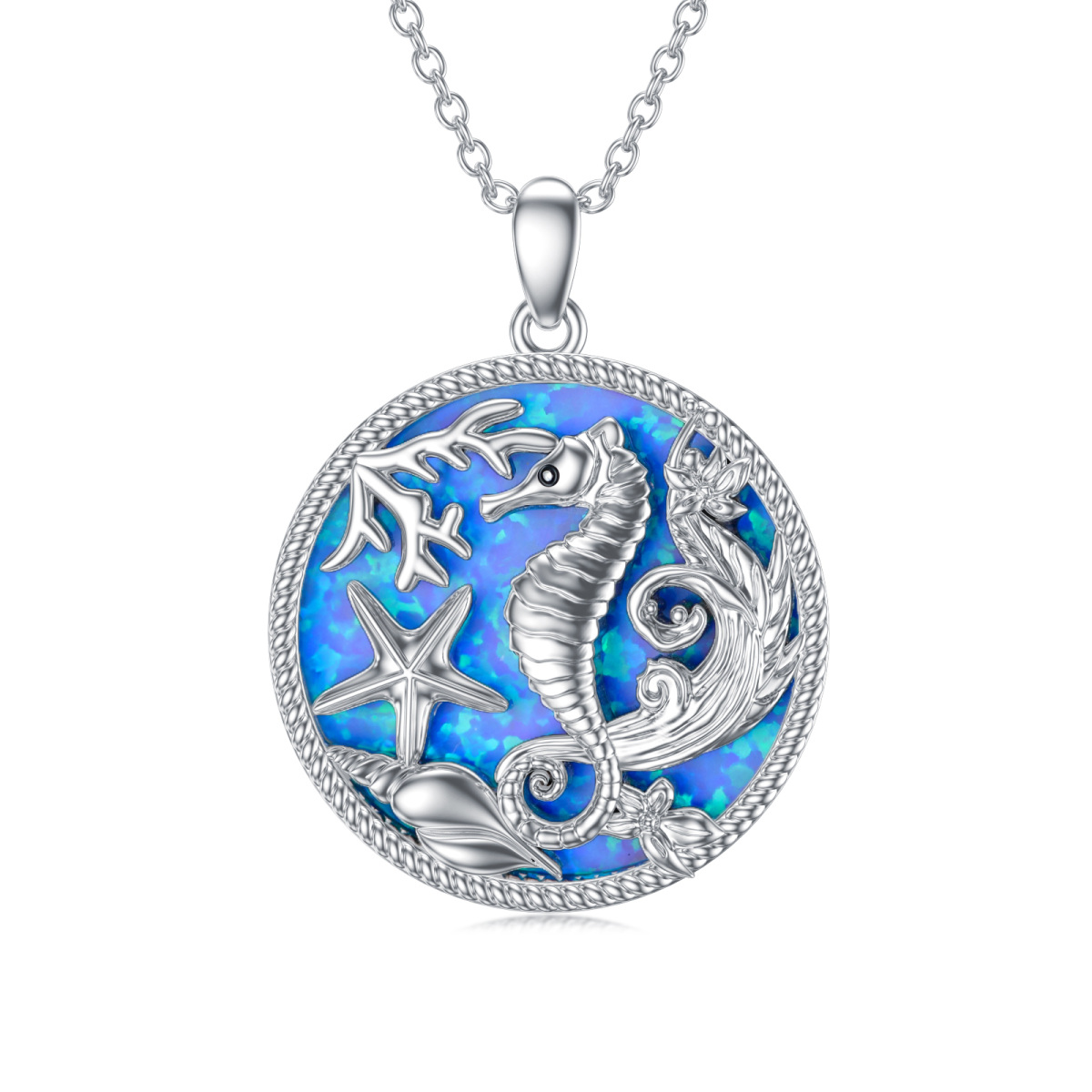 Sterling Silver Opal Seahorse & Starfish Pendant Necklace-1
