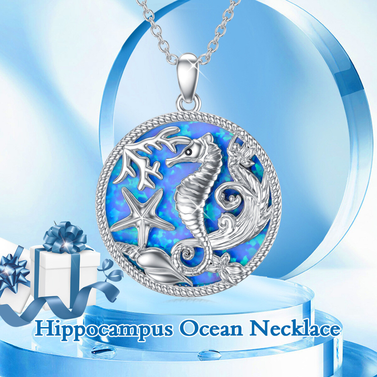 Collier en argent sterling avec pendentif hippocampe et étoile de mer en opale-4