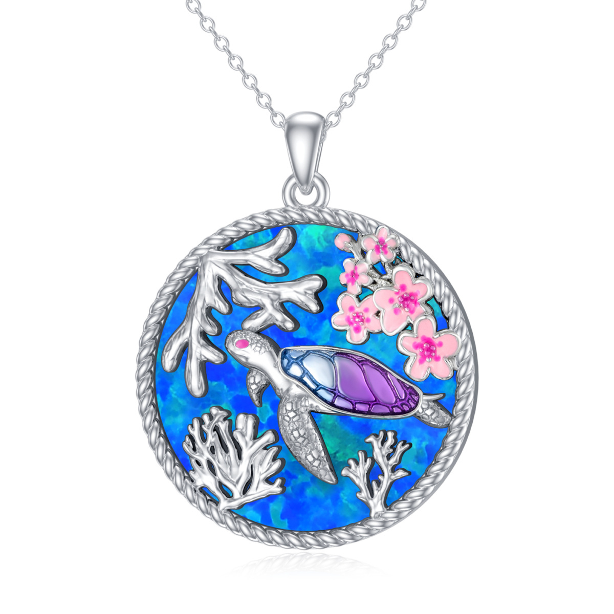 Sterling Silver Opal Sea Turtle Pendant Necklace-1