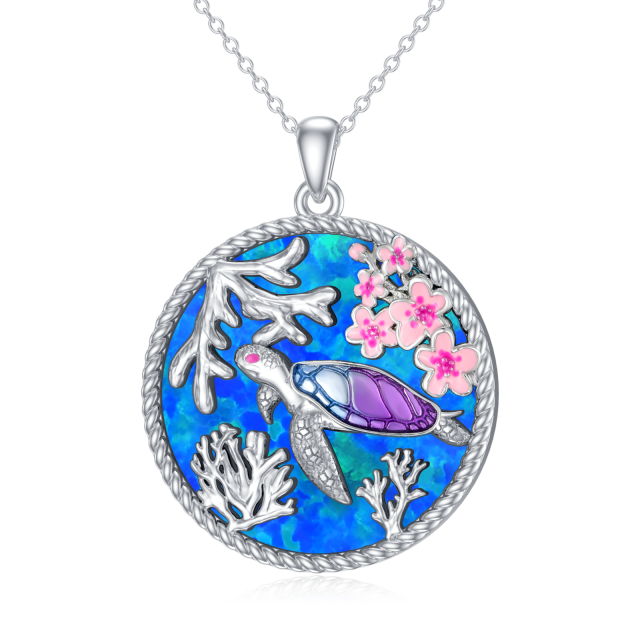 Sterling Silver Opal Sea Turtle Pendant Necklace-2