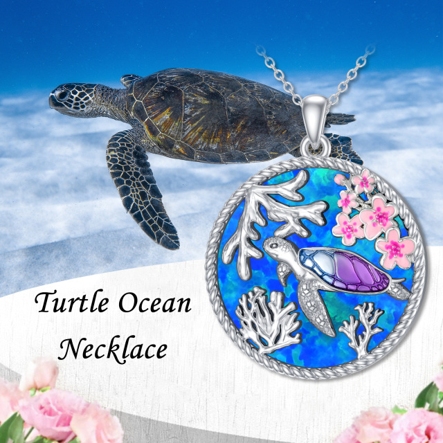 Sterling Silver Opal Sea Turtle Pendant Necklace-4