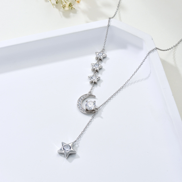 Sterling Silver Round Moissanite Moon & Star Pendant Necklace-2