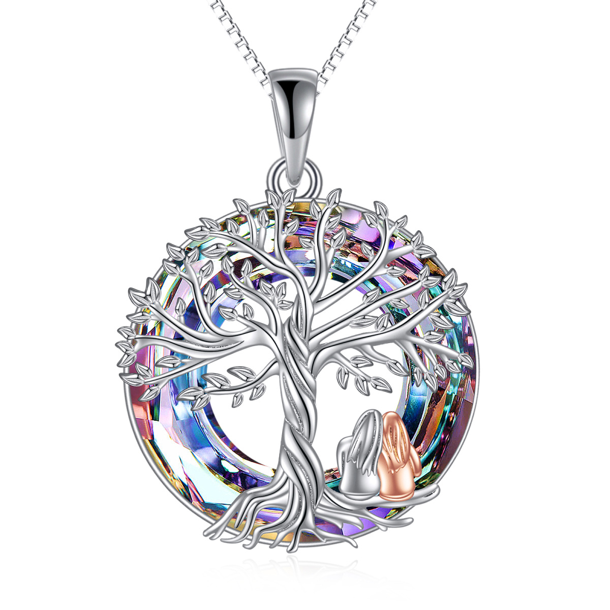 Sterling Silver Two-tone Tree Of Life & Sisters Crystal Pendant Necklace-1